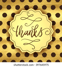 Seamless golden pattern with polka dot ornament and thank you hand lettering. Vector illustration