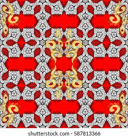 Seamless golden pattern. Red background with golden elements. Vector golden floral ornament brocade textile pattern, white doodles. Metal with floral pattern.
