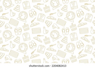 seamless golden pattern with sauna, spa icons: barrel sauna, hot stones, wooden bucket, bathrobe, flip flops, towels, essential oil- vector illustration