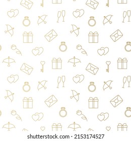 seamless golden pattern with Valentine's Day elements: love letter, diamond ring, key, Cupid's bow, gift, tulip flower, champagne glasses- vector illustration
