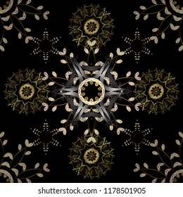 Seamless golden pattern. Vector golden floral ornament brocade textile and glass pattern. Gold metal with floral pattern. Black, brown and gray colors with golden elements.