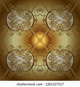 Seamless golden pattern. Vector golden floral ornament brocade textile and glass pattern. Yellow and brown colors with golden elements. Gold metal with floral pattern.