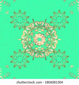 Seamless golden pattern. Vector golden floral ornament brocade textile and glass pattern. Green and beige colors with golden elements. Gold metal with floral pattern.