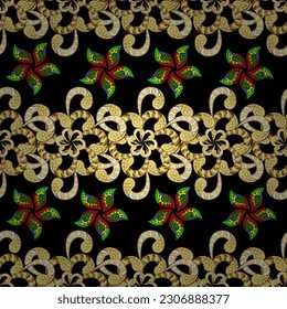 patrón dorado impecable. patrón vectorial floral adornado brocado textil y vidrio. Metal de oro con estampado floral. Colores con elementos dorados.