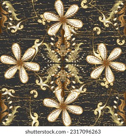 patrón dorado impecable. patrón vectorial floral adornado brocado textil y vidrio. Metal de oro con estampado floral. Colores con elementos dorados.