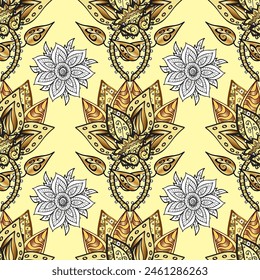 Patrón dorado sin costuras. Vector dorado adorno floral brocado textil y patrón de vidrio. Metal dorado con estampado floral. Colores agradables con Elementos dorados. Amarillo.