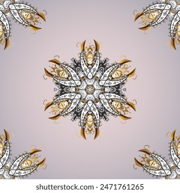 Patrón dorado sin costuras. Vector dorado adorno floral brocado textil y patrón de vidrio. Metal dorado con estampado floral. Colores agradables con Elementos dorados. Mandala. Beige.