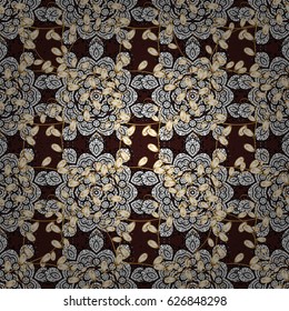 Seamless golden pattern. Vector golden floral ornament brocade textile pattern, white doodles. Metal with floral pattern. Brown background with golden elements.