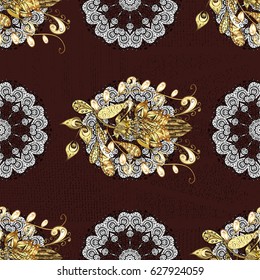 Seamless golden pattern. Vector golden floral ornament brocade textile pattern, white doodles. Metal with floral pattern. Brown background with golden elements.