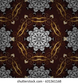 Seamless golden pattern. Vector golden floral ornament brocade textile pattern, white doodles. Metal with floral pattern. Brown background with golden elements.