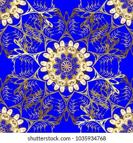 Seamless golden pattern. Vector oriental ornament. Golden pattern on blue, brown and yellow colors with golden elements.