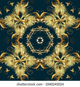 Seamless golden pattern. Vector oriental ornament. Golden pattern on blue, yellow and neutral colors with golden elements.