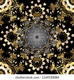 Seamless golden pattern. Vector oriental ornament. Golden pattern on black, gray and brown colors with golden elements.