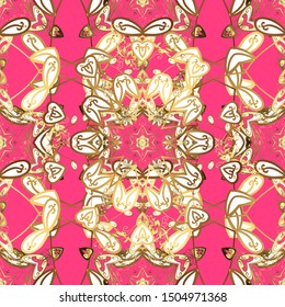 Seamless golden pattern. Vector oriental ornament. Golden pattern on white and pink colors with golden elements.