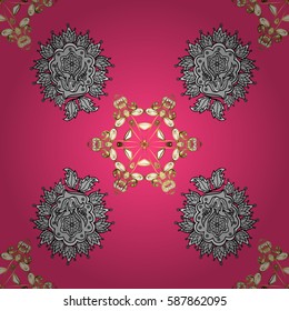 Seamless golden pattern. Vector oriental ornament. Golden pattern with white doodles on pink background with golden elements.