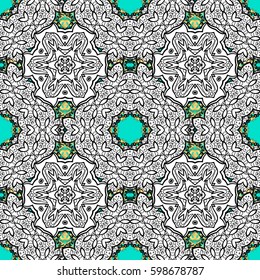 Seamless Golden pattern. Vector oriental ornament. Seamless pattern on blue background with golden elements and with white doodles.