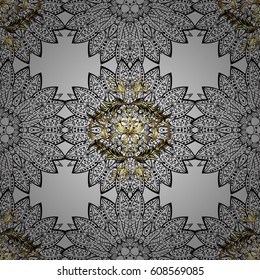 Seamless golden pattern. Vector oriental ornament. Golden pattern with white doodles on gray background with golden elements.