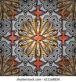 Seamless golden pattern. Vector oriental ornament. Golden pattern with white doodles on background with golden elements.