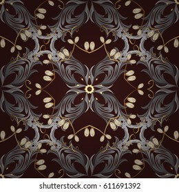 Seamless golden pattern. Vector oriental ornament. Golden pattern with white doodles on brown background with golden elements.