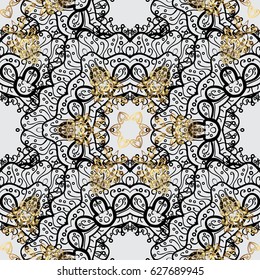 Seamless golden pattern. Vector oriental ornament. Golden pattern on gray background with golden elements.