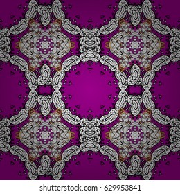 Seamless golden pattern. Vector oriental ornament. Golden pattern with white doodles on magenta background with golden elements.