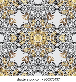 Seamless golden pattern. Vector oriental ornament. Golden pattern with white doodles on gray background with golden elements.