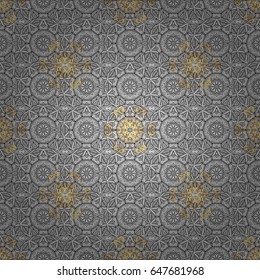 Seamless golden pattern. Vector oriental ornament. Golden pattern with gray doodles on gray background with golden elements.