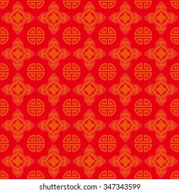 Seamless Golden Pattern of The Vintage Chinese Symbol "Shou", Meaning Good Luck, Blessed And Long Life, on Red Background.
