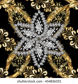 Seamless golden pattern. Golden pattern with white doodles on colors with golden elements. Vector oriental ornament.