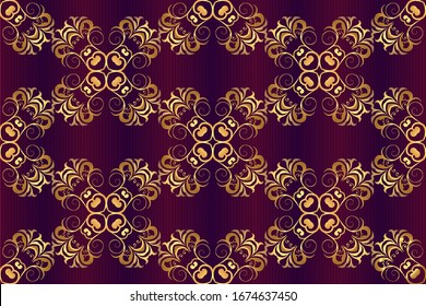 Seamless golden patterns on a colored striped background