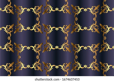 Seamless golden patterns on a colored striped background