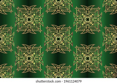 Seamless golden patterns on a colored striped background