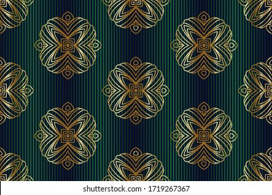 Seamless golden patterns on green striped background
