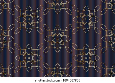 Seamless golden patterns on vinous striped background