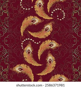 A seamless golden peacock feather pattern with pearls string, and swirling ornaments on a deep red vertical striped backdrop.