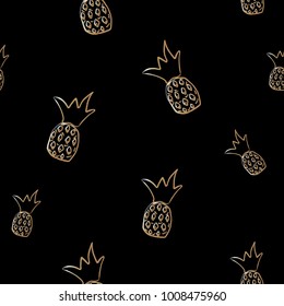 Seamless golden pineapple pattern on dark background. Repeating exotic pineapple pattern. Vector Illustration