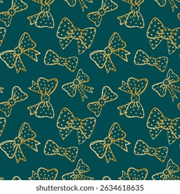 seamless golden polka dot bows pattern elegant luxury texture emerald green background festive celebration web design