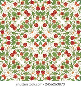 Seamless golden red green  floral ornamental texture,   woven  laced abstract pattern on white  background