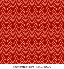 Seamless golden red wave pattern. Traditional Chinese and Japanese dragon fish scales ornament. Vector illustration 