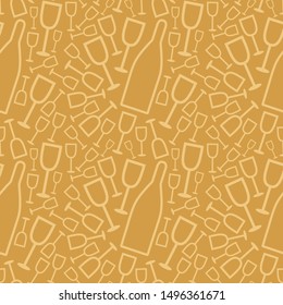 Seamless golden repeat pattern with champagne glasses and bottles. Vector illustration. Elegant ornament for banners, posters, cards, wrapping paper, packaging, invitations