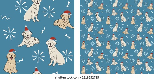 Seamless Golden retriever dog pattern, holiday texture. Square format, t-shirt, poster, packaging, textile, socks, textile, fabric, decoration, wrapping paper. Trendy hand-drawn dogs wallpaper.