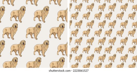 Seamless Golden Retriever dog pattern, holiday texture. Light Packaging, textile, decoration, wrapping paper. Trendy hand-drawn funny breed wallpaper. Fun seamless happy Retriever square pattern. 