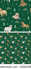 Seamless Golden retriever dog pattern, holiday texture. Square format, t-shirt, poster, packaging, textile, textile, fabric, decoration, wrapping paper. Trendy hand-drawn dogs wallpaper, background.