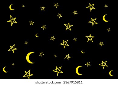Seamless golden space pattern with stars and moon phases on a black background for tarot, astrology, wallpaper, case for phone. Magic cosmic sky, abstract esoteric ornament. Vector illustration.