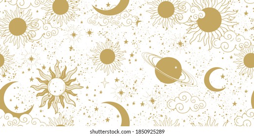 Seamless golden space pattern with sun, crescent, planets and stars on a white background. Mystical ornament of the mystical sky for wallpaper, fabric, astrology, fortune telling. Vector illustration