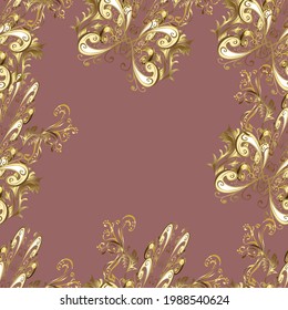 Seamless golden texture curls. Brilliant lace, paisley. Openwork delicate golden pattern. Oriental style arabesques. Seamless pattern on yellow, beige and brown colors with golden elements. Vector.