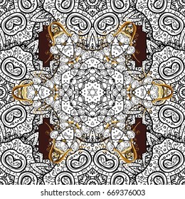 Seamless golden texture curls. Brilliant lace, stylized flowers, paisley. Openwork delicate golden pattern. Vector oriental style arabesques. Seamless pattern on brown background with golden elements.