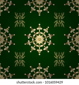 Seamless golden texture curls. Openwork delicate golden pattern. Brilliant lace, stylized flowers. Oriental style arabesques. Vector. Seamless pattern on green and yellow colors with golden elements.