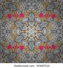 Seamless golden texture curls. Openwork delicate golden pattern. Seamless pattern on pink background with golden elements. Vector oriental style arabesques. Brilliant lace, stylized flowers, paisley.