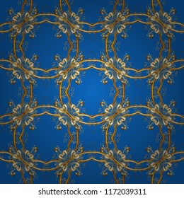 Seamless golden texture curls. Seamless pattern on blue, brown, beige colors with golden elements. Oriental style arabesques. Vector. Delicate golden pattern. Brilliant lace, stylized flowers, paisley